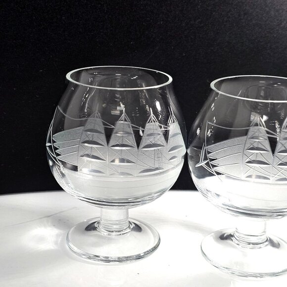 2 Toscany Clipper Ship Brandy Glasses 3.5" small etched crystal Italy nautical s - Picture 4 of 5